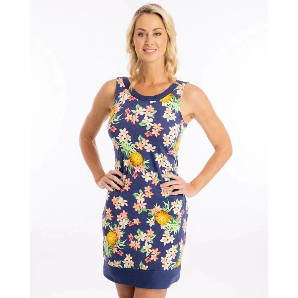 Tommy Bahama Fiona Pineapple Navy Floral Sheath Back Zip‎ Dress Size Large